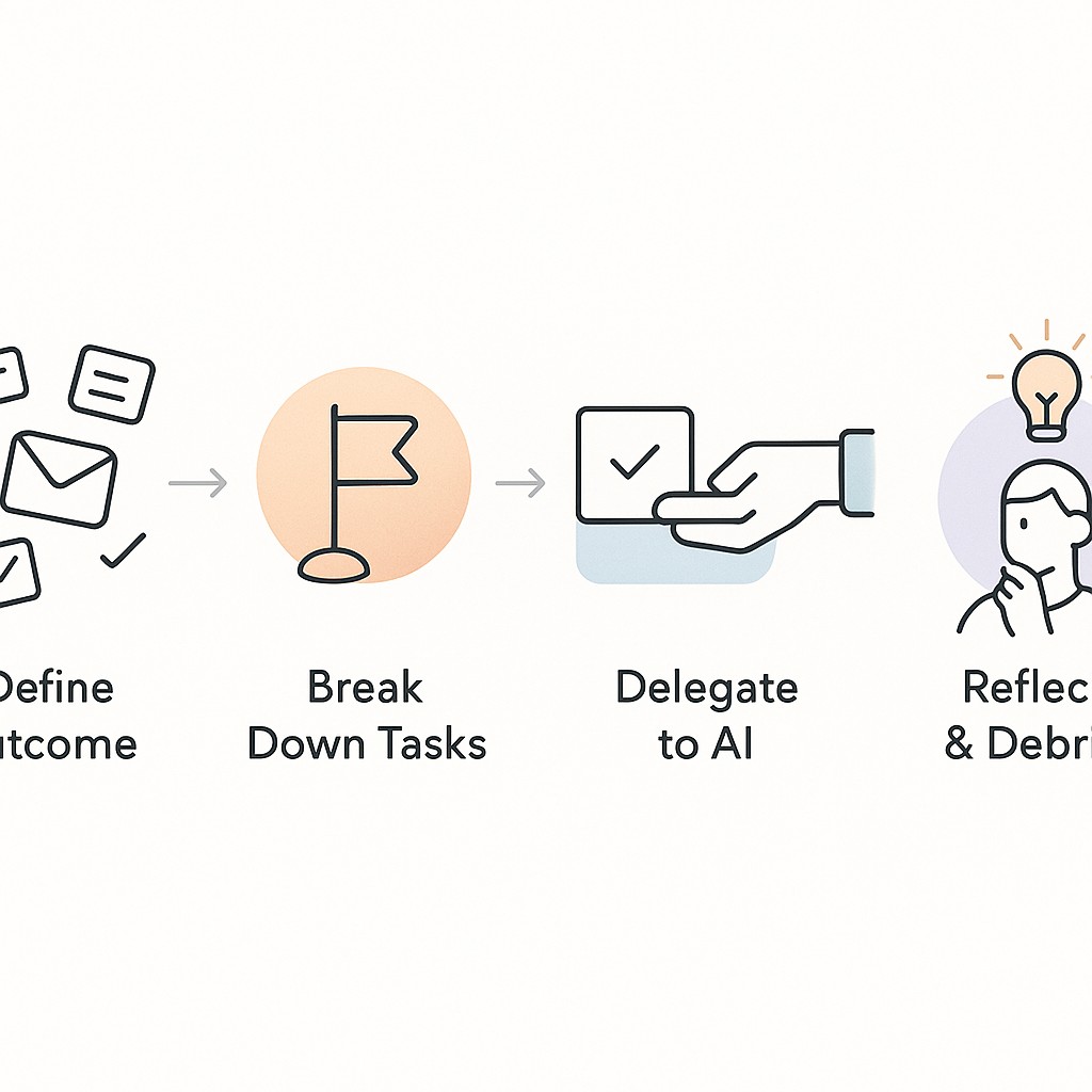 Four-stage workflow diagram showing how to use AI for real growth by sorting tasks into outcome, breakdown, delegation, and reflection steps