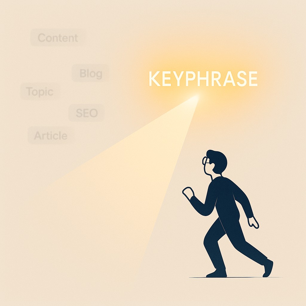 Write intent-driven SEO keyphrases illustrated as a focused signal beam drawing in a person while scattered tags fade