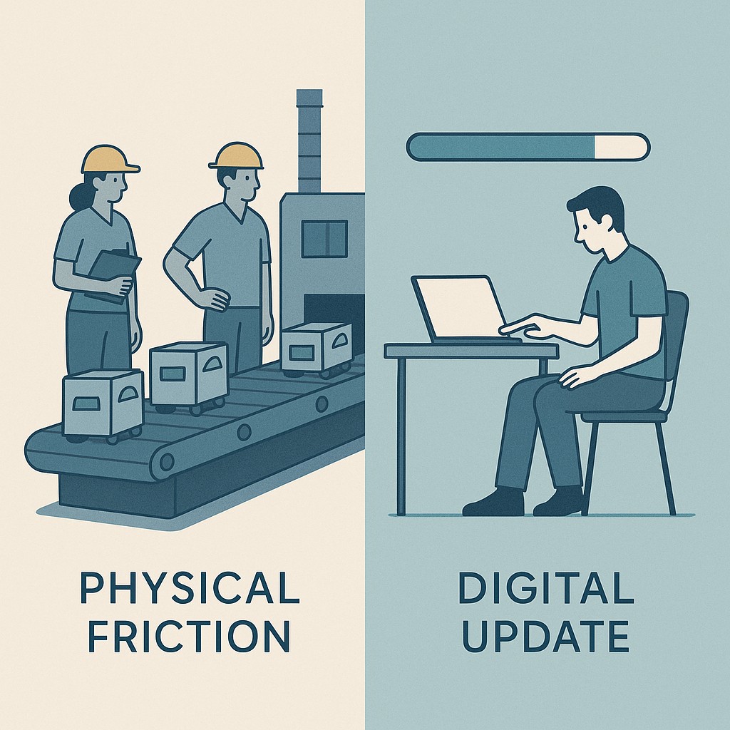 Paused factory assembly line—an example of AI-proof real-world moats—contrasted with a developer launching a software update