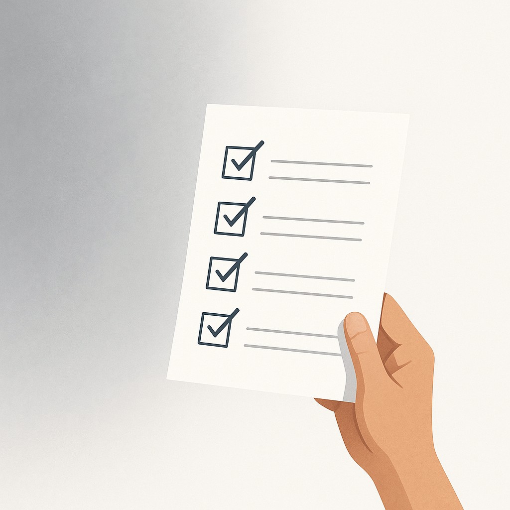 Hand holding a checklist with ticks illustrating automated content quality checks, background fades from hazy to crisp