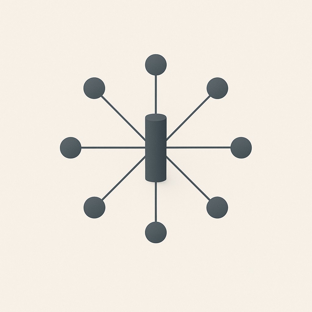 Build topic clusters for SEO: central pillar node with spokes radiating outward, all nodes clearly interconnected