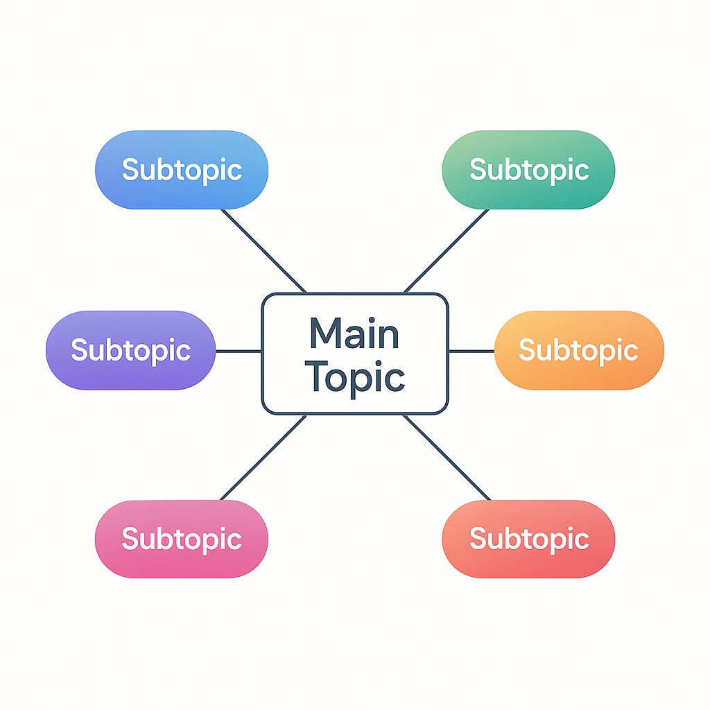 How to build topic clusters illustrated as a central pillar connected to multiple colored spokes labeled with unique subtopics