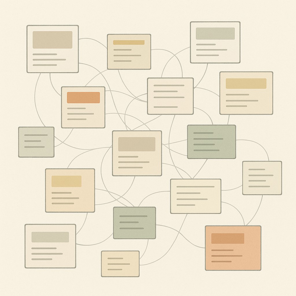 Scattered, loosely connected blog cards with faded lines and muted colors showing chaotic content planning—contrasting how to build topical authority with structured coverage