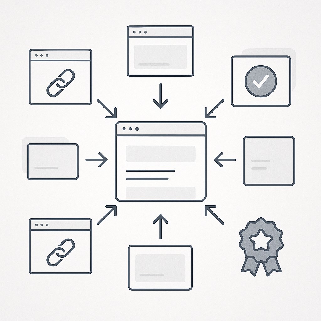 Central web page showing how to get backlinks, surrounded by diverse trust symbols and arrows coming from other sites