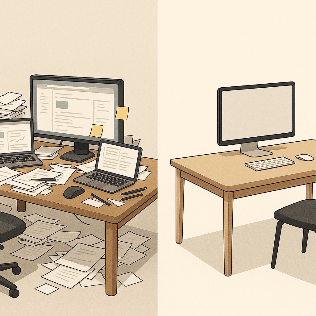 Two contrasting desks—one active and cluttered, one neat and unused—highlighting user preference for what's familiar and how to Increase AI tool adoption