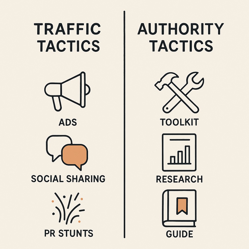 Two columns comparing common traffic tactics and ways to increase domain authority naturally side by side