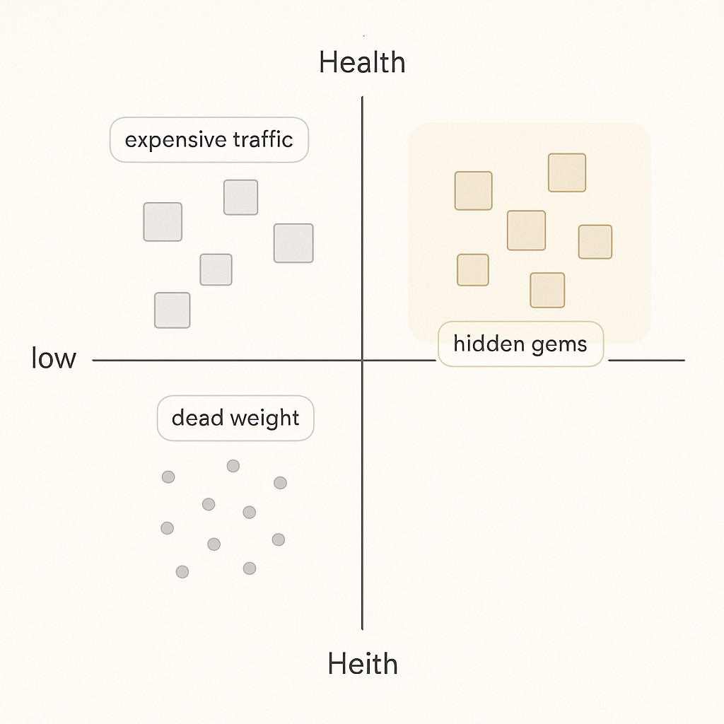 2x2 grid for an SEO and conversion content audit showing articles distributed by SEO Health and conversion relevance