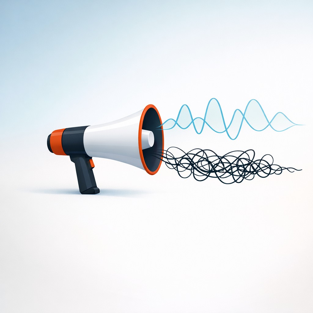 Megaphone amplifying both organized and chaotic waveforms and illustrating ai data quality limitations