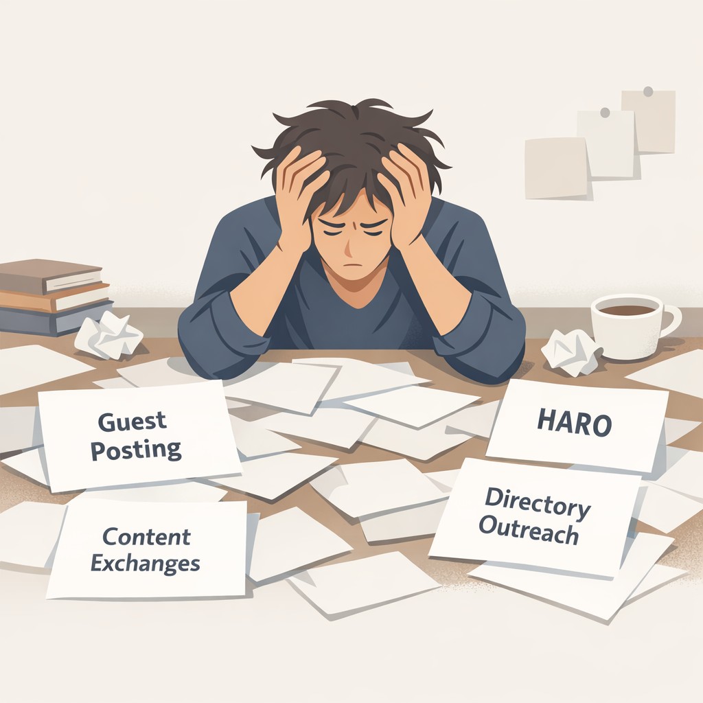 Founder overwhelmed at a desk covered with labeled backlink tactic notes, showing visible fatigue—an image perfectly capturing the challenge of finding a backlink strategy for your strengths