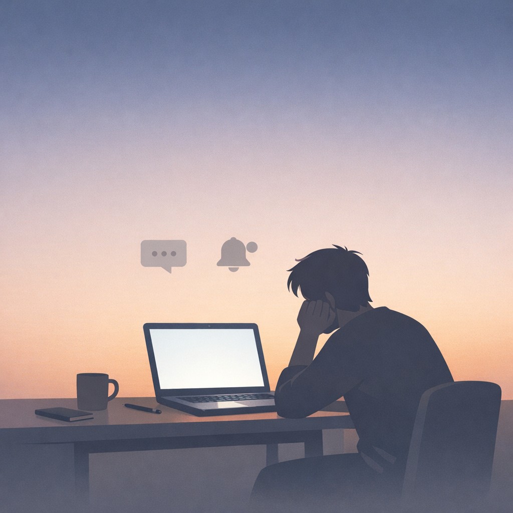 Blogger sits at laptop as empty notification icons hover above, blog content conversion in focus as the main challenge in a quiet, reflective moment