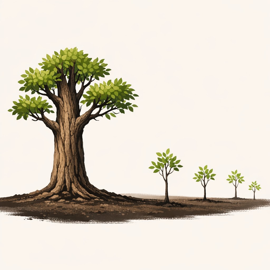 A tall, weathered tree rises above smaller saplings in rich soil, representing how websites build SEO authority over time through steady growth