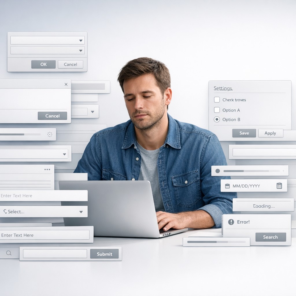 User at laptop encircled by rigid forms and dropdowns, demonstrating chat-first interface design principles in response to traditional constraints
