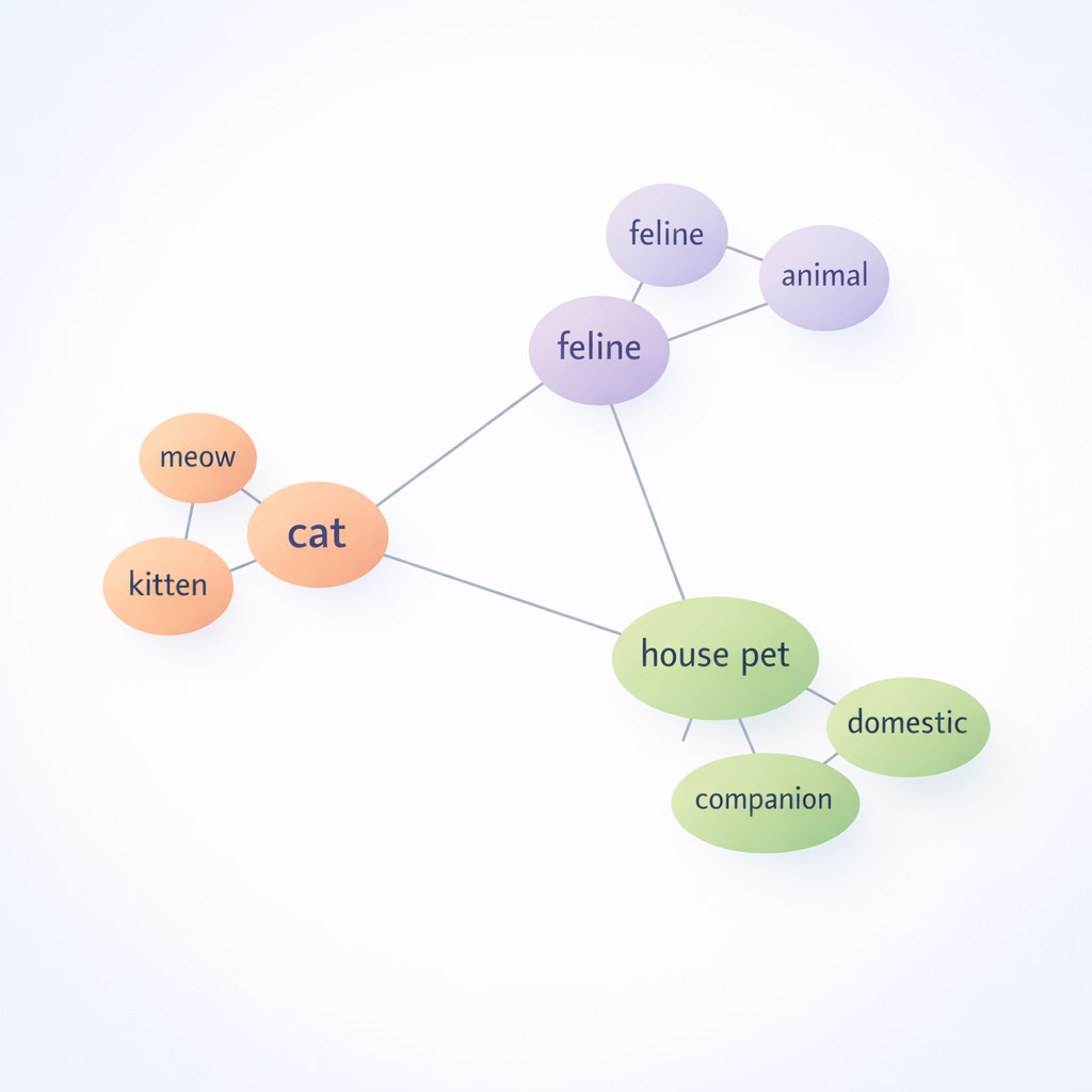 Clustered word nodes visualizing how search engines create content for user intent by connecting concepts like 'cat', 'feline', and 'house pet' in a semantic network graph