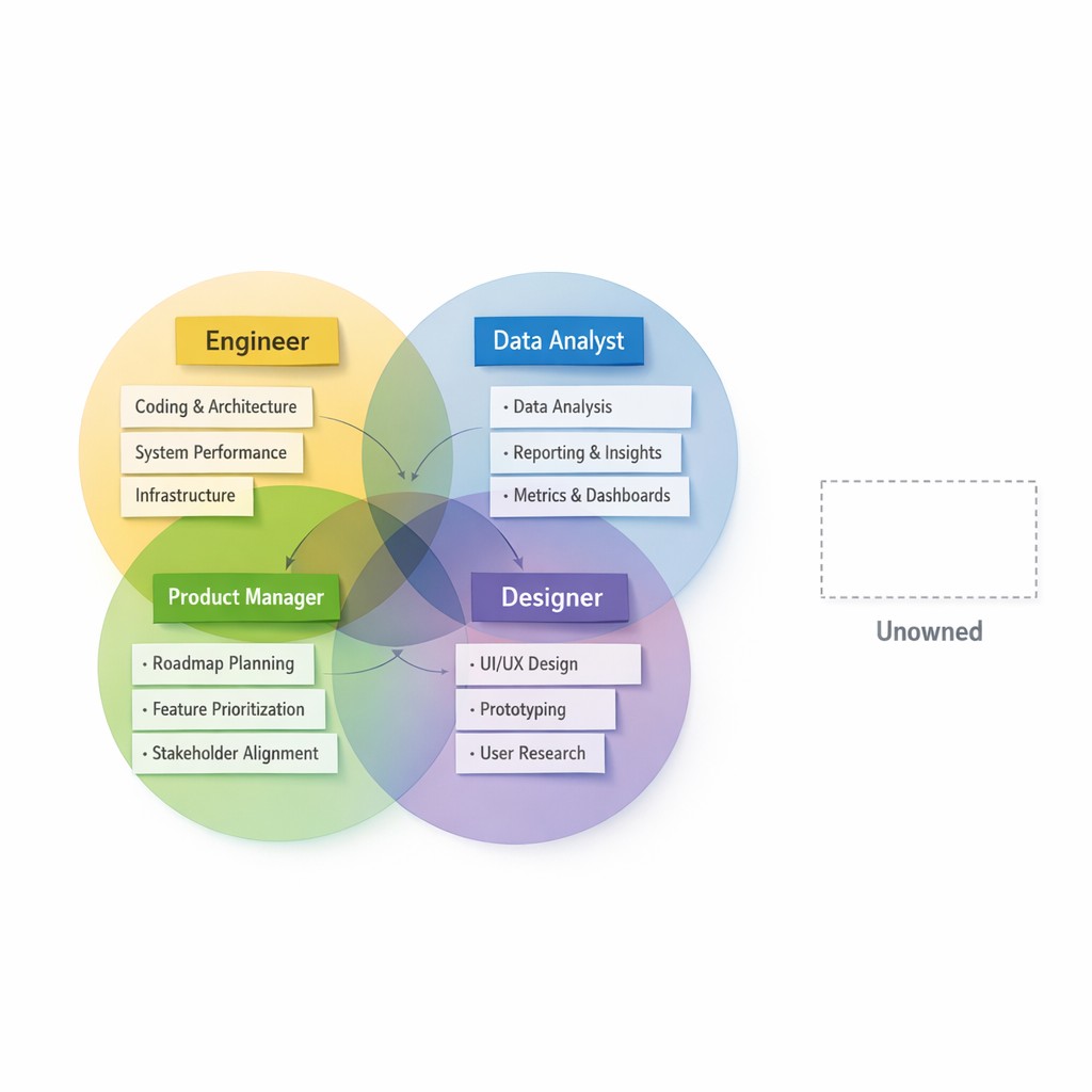 Defining new tech roles through a responsibility map showing tech roles, clear overlaps, and a visible responsibility gap labeled unowned