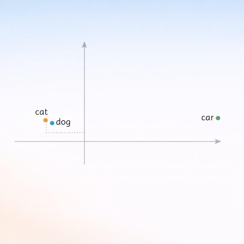 how ai understands meaning: Cat and dog labeled close together on a grid, car farther away, showing word relationships by distance
