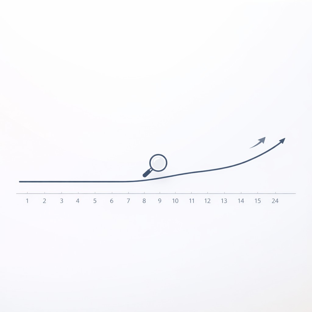 Line graph illustrating how long does SEO take, with a flat start and upward curve, months labeled, subtle magnifying glass and arrow mark growth points