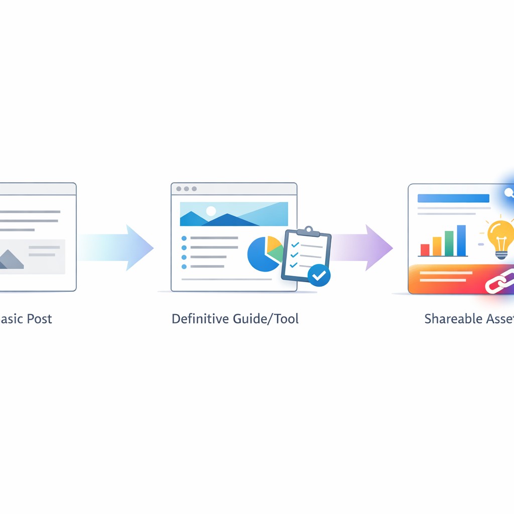 A visual showing how to make content more linkable as it evolves from text to guide to infographic