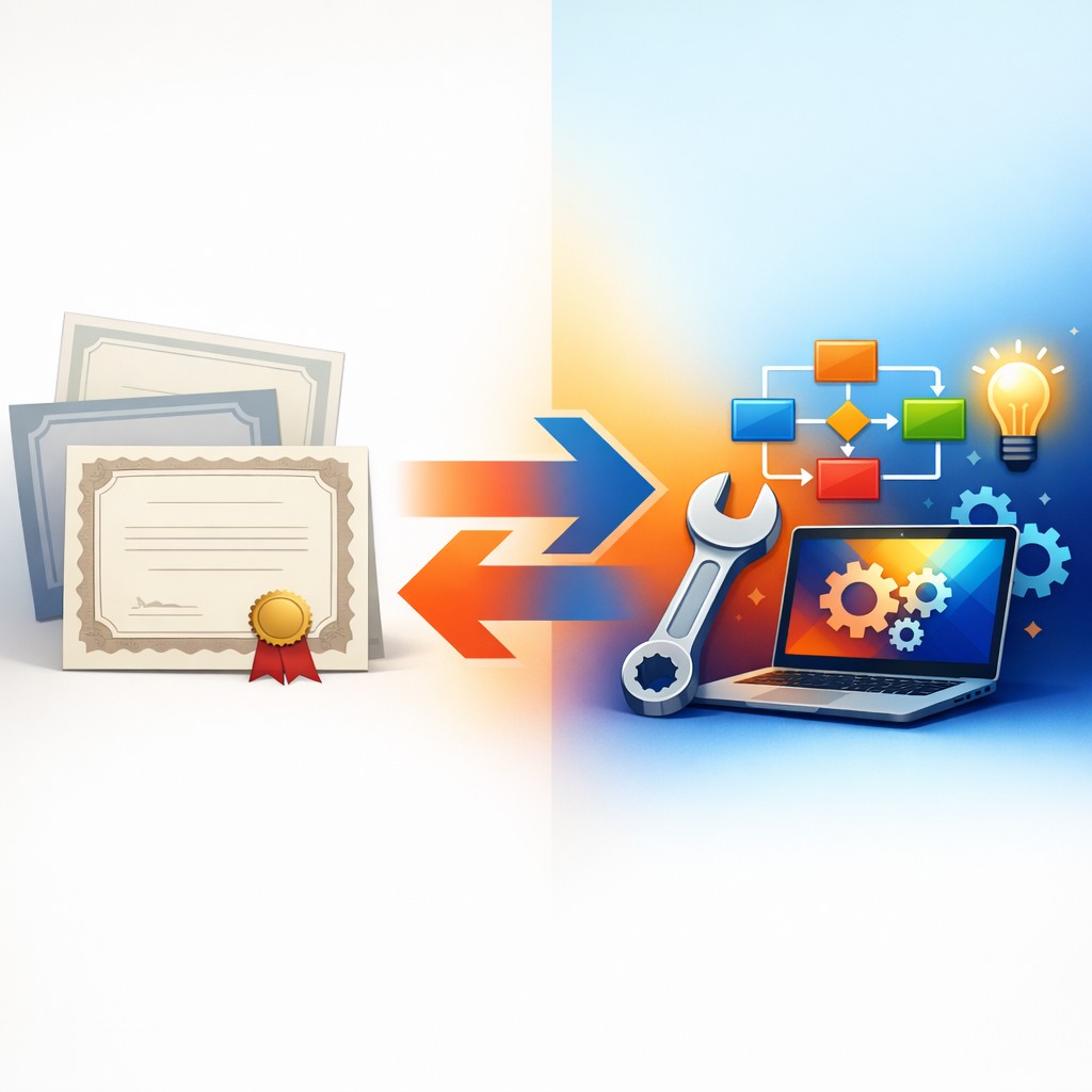 Modern hiring criteria for AI is reflected as diplomas and certificates transition into hands-on tools like a laptop and wrench