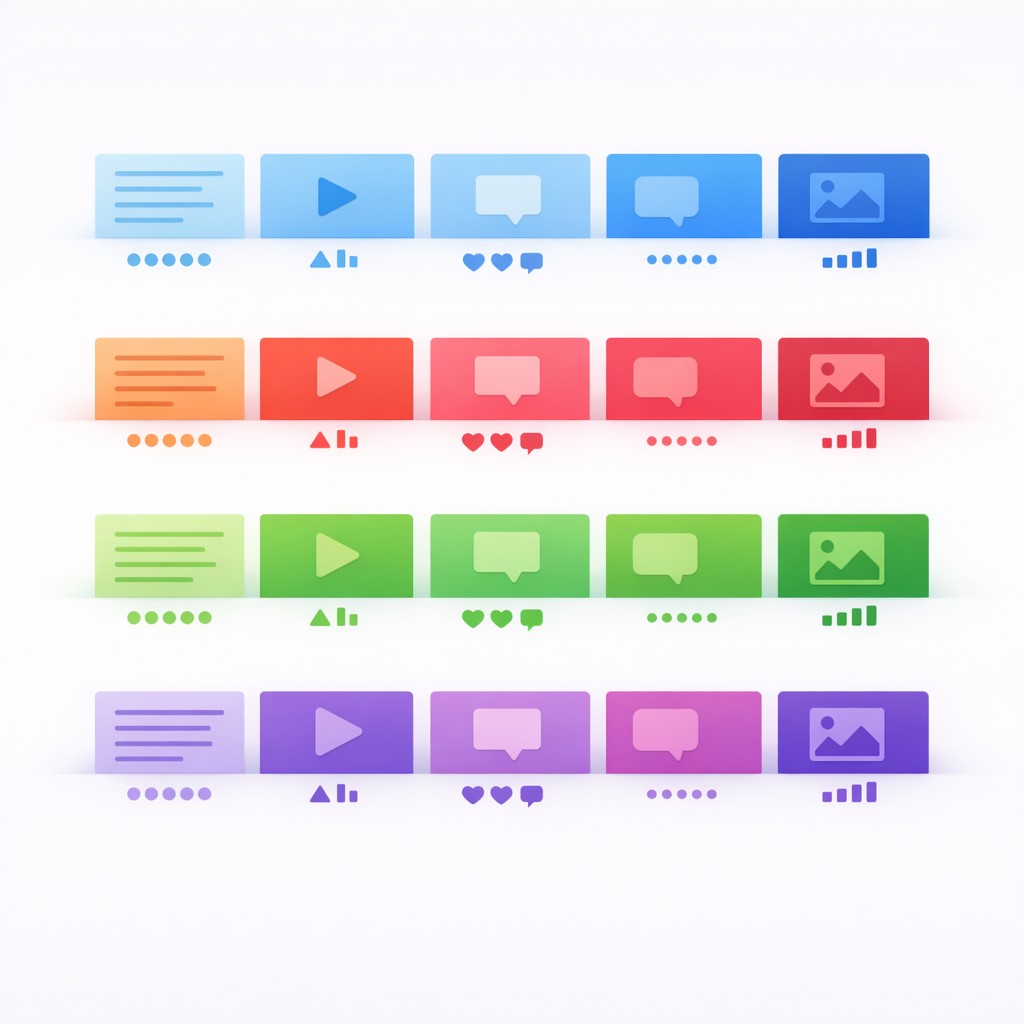 Parallel content experimentation visualized: Rows of colorful content blocks run in parallel, each with small feedback signals beneath