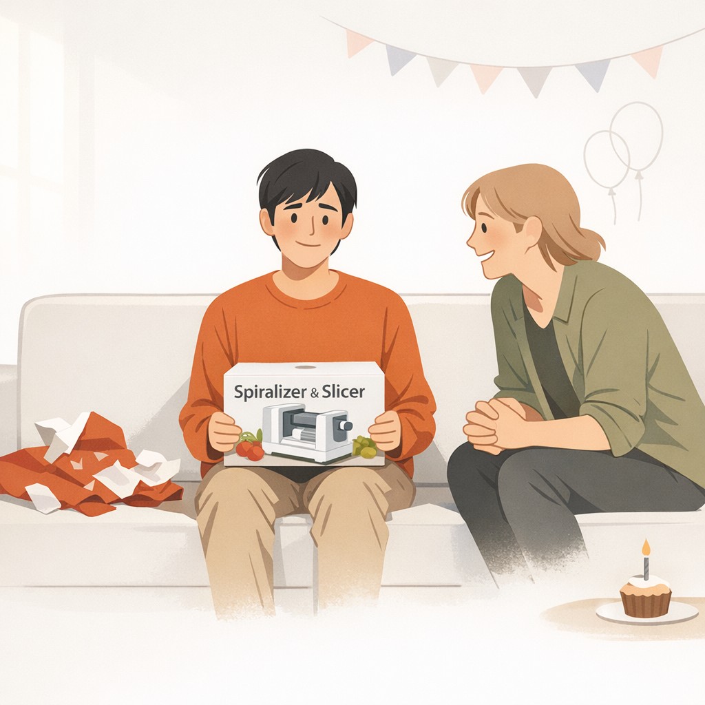 Birthday guest holds unopened kitchen gadget on lap, smiles hesitantly at gift-giver, prioritizing user needs by hinting at thoughtful mismatch