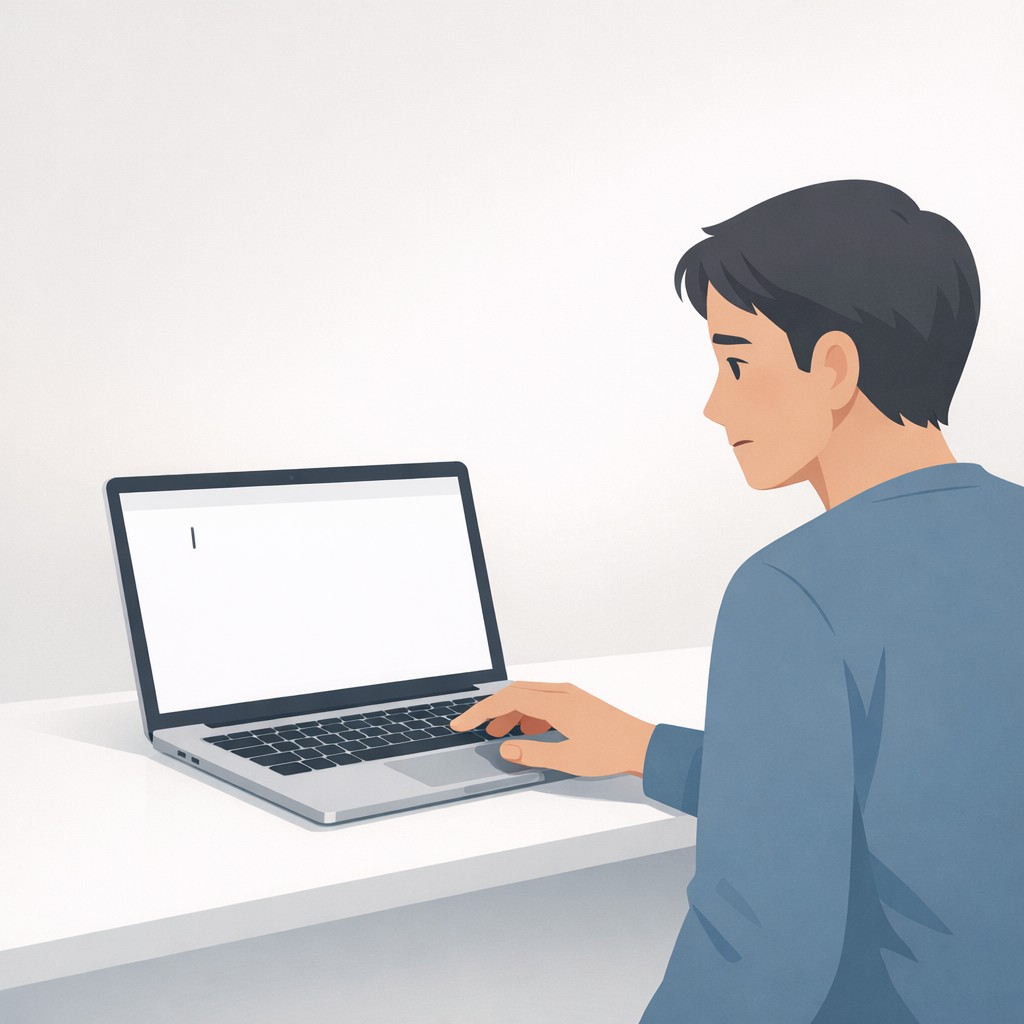 Person at desk hesitating with hand above keyboard and nearly blank laptop screen, demonstrating the challenge to publish content before strategy