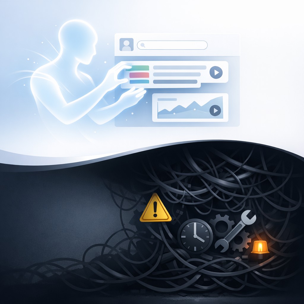 Sleek app assembly above, messy tangle of maintenance tasks hiding below illustrates what it takes to reduce software ownership burden