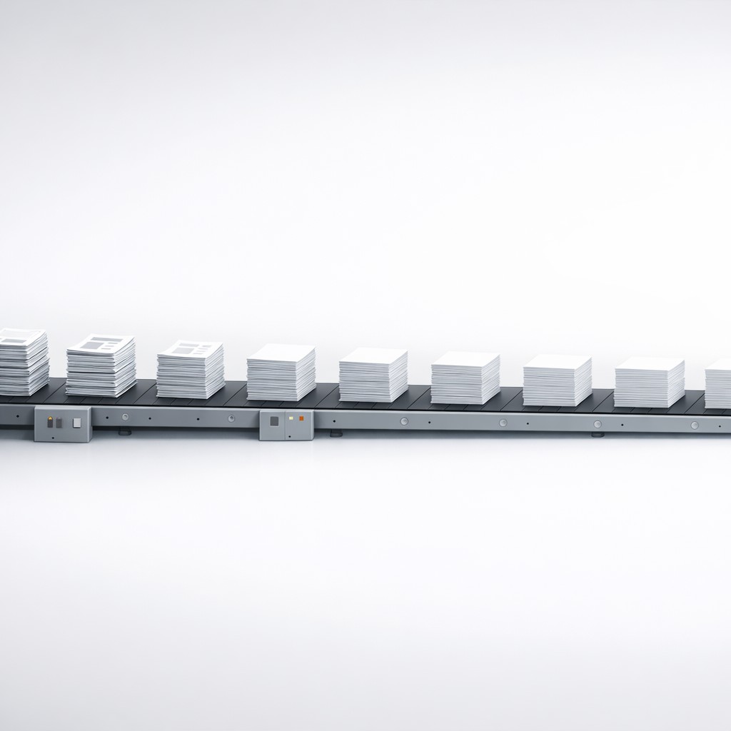 Assembly line carrying nearly identical documents, scaling unique AI content becomes visible as details fade toward sameness.