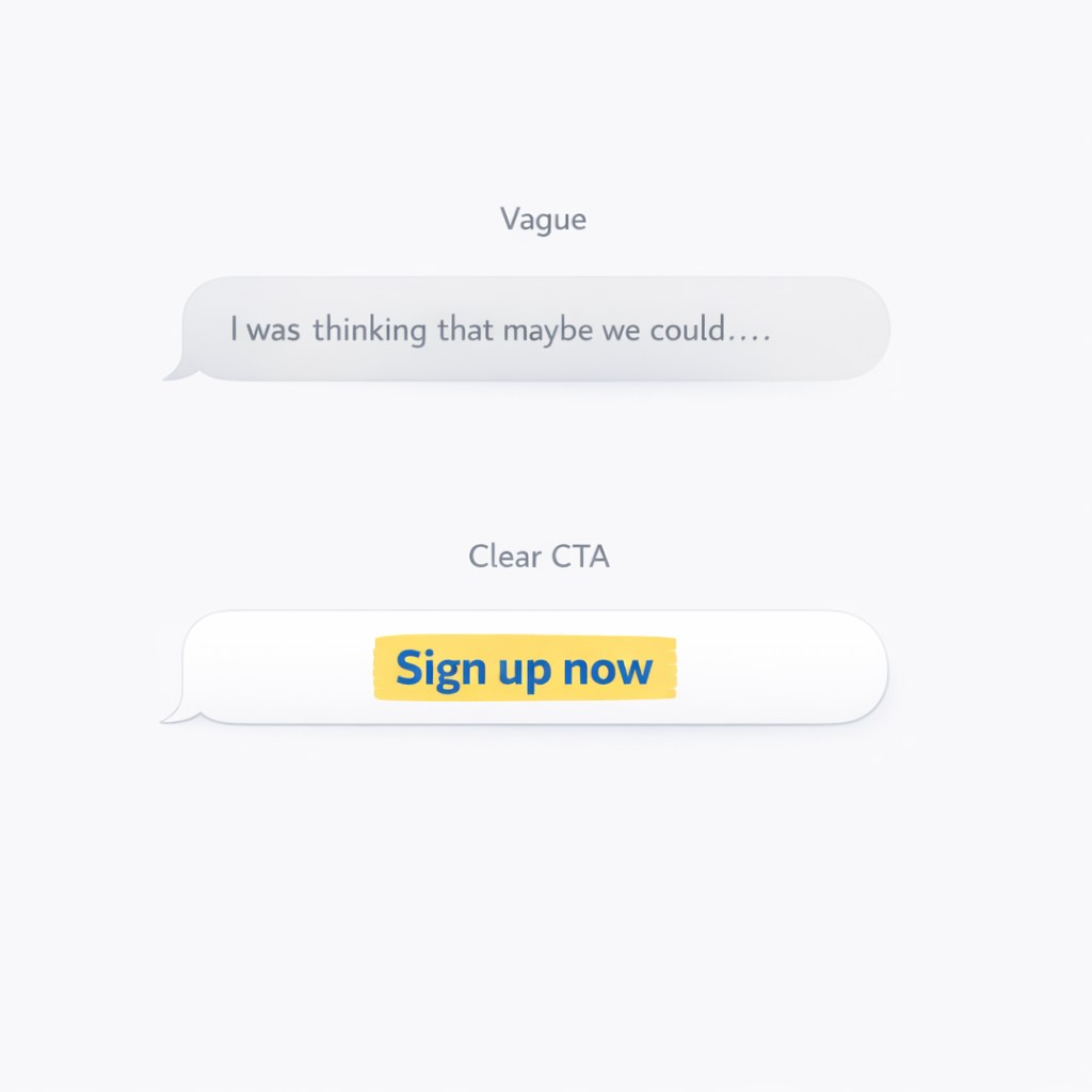 Two message bubbles, one vague and trailing off, one bold with a clear use calls to action prompt
