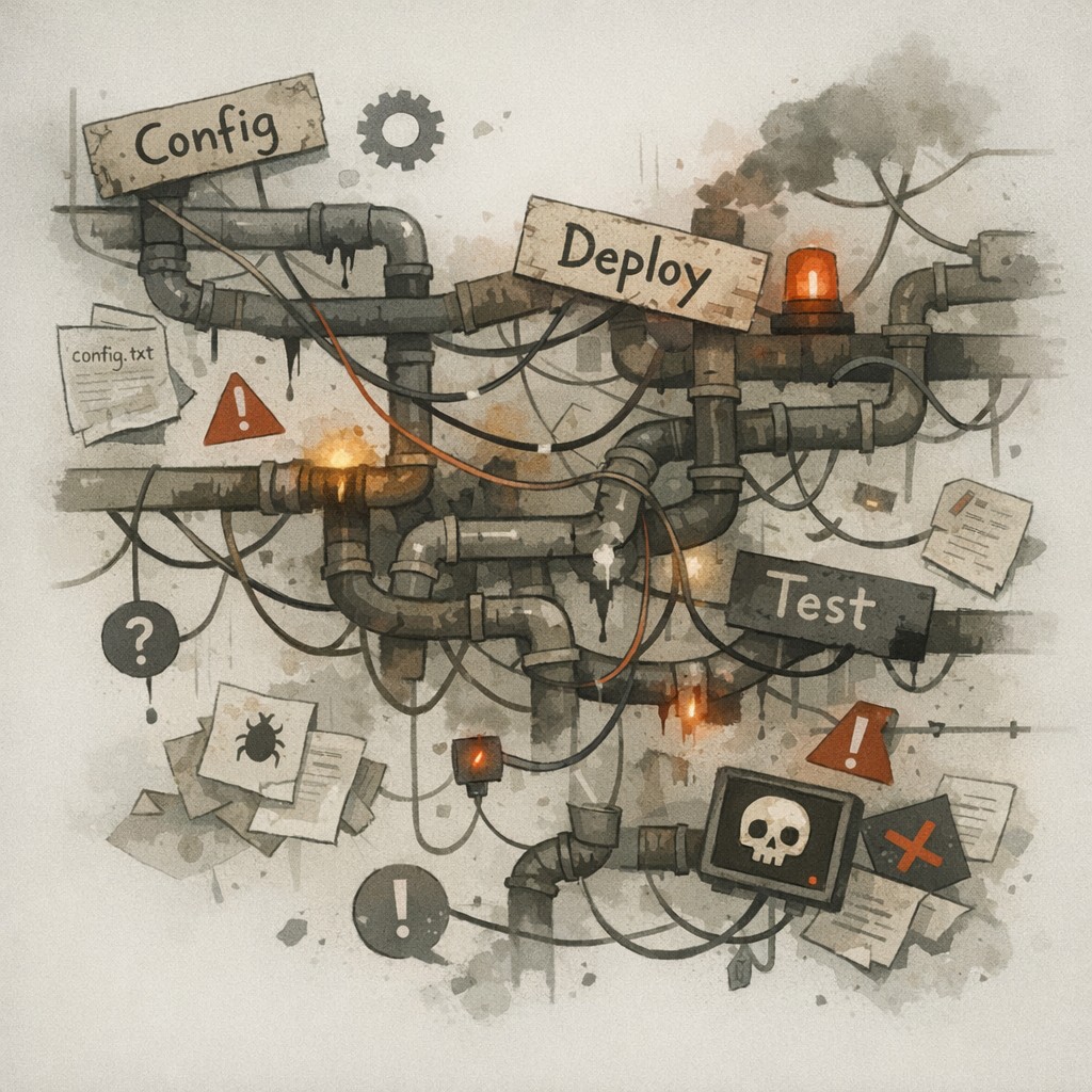 when to trust ai output illustrated by a disjointed pipeline with warning icons, tangled wires, and scattered config files in a chaotic scene